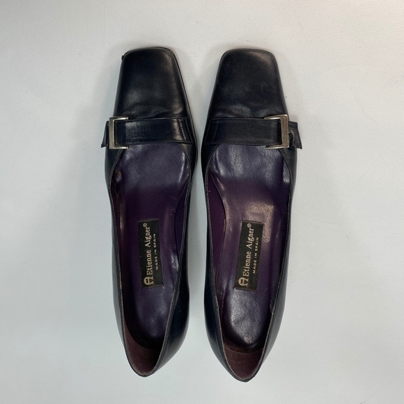 Aetienne Aigner Leather Cuddles Black Heels Pumps Square Toes Silver Buckle 8 M - Picture 9 of 9